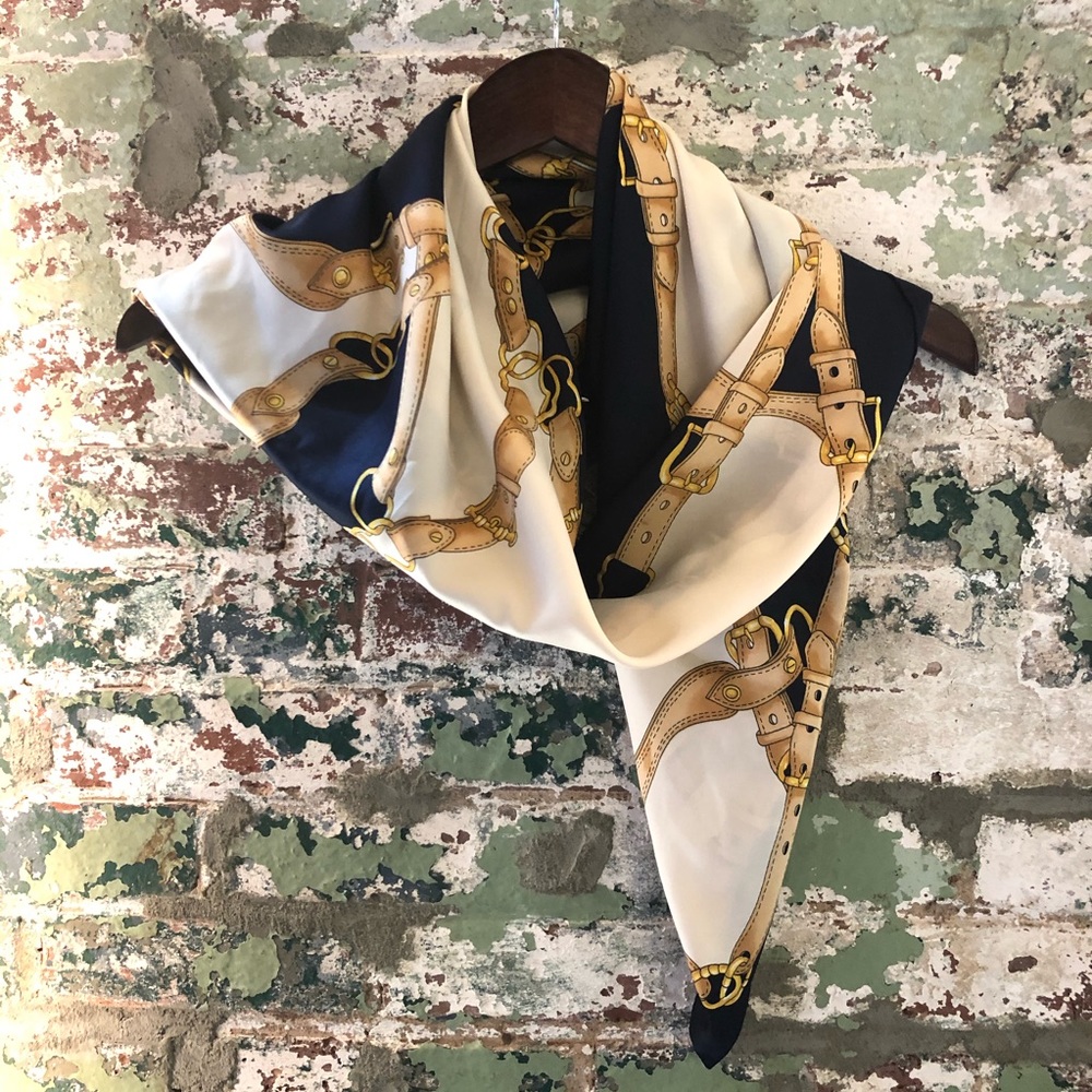 Buckle Print Kerchief Scarf 34” (Blue/Tan/Gold)